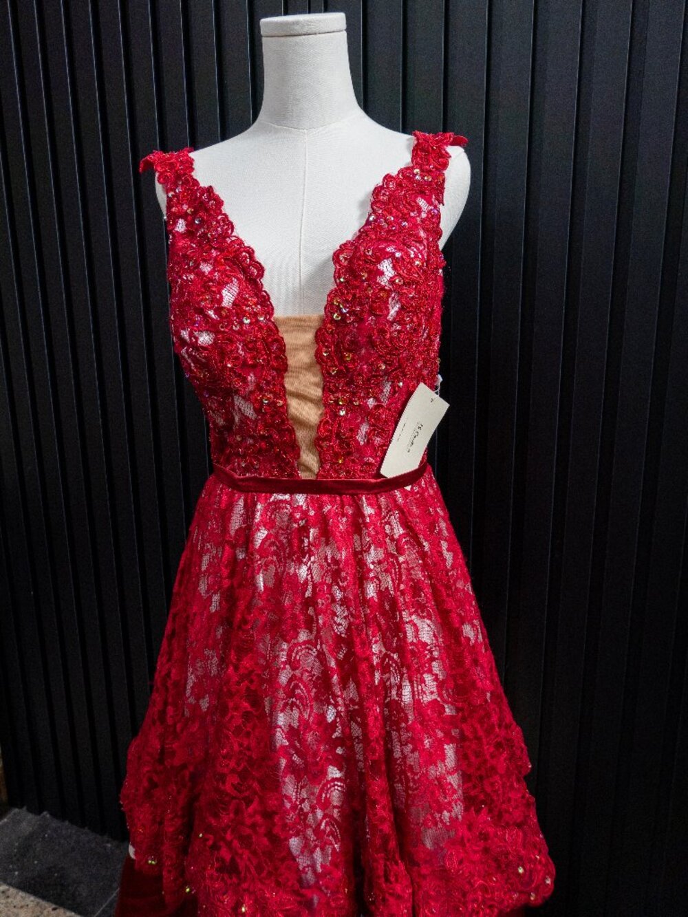 Stunning Red Lace Beaded Deep V Formal Gown Prom Dress M